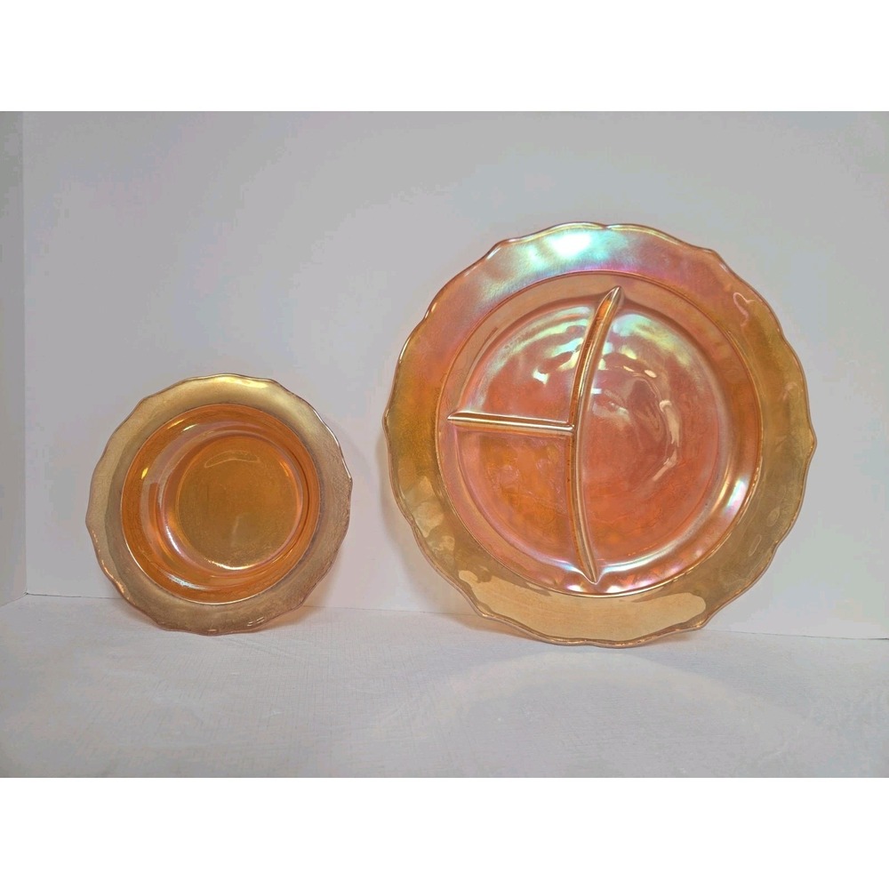 Federal Glass Normandie Marigold Carnival Glass Grill Plate‎  & Cereal Bowl